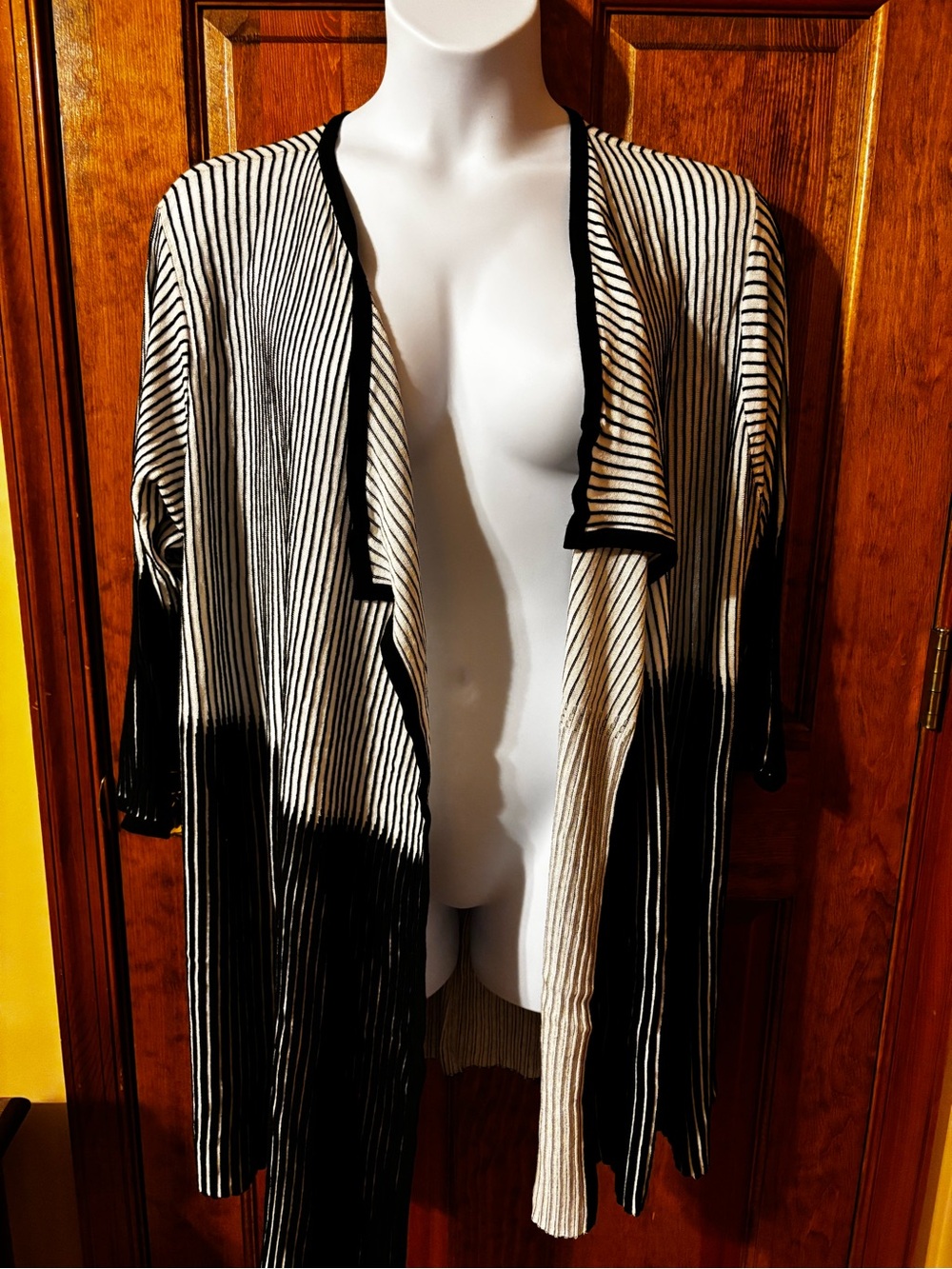 Catherines Black and White Striped Open-Front Cardigan
